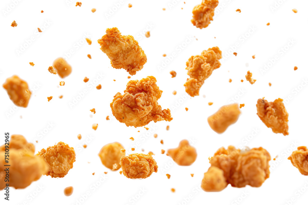 Fried chicken flying out of a cardboard bucket isolated on a white transparent background. Fried chicken flying out of a cardboard bucket isolated on a white transparent background.