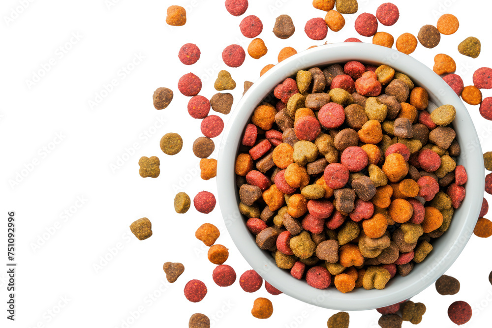 Dry dog food in bowl isolated on transparent white background.