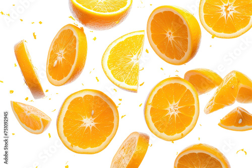 Thin slices of oranges and oranges fall. Isolated transparent background.