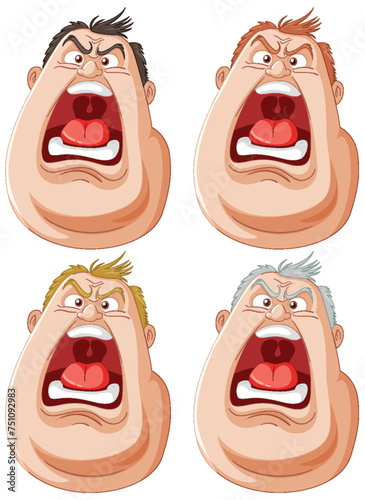 Four cartoon faces showing intense shouting expressions.