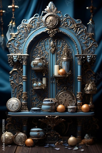 Vintage candlestick with golden candlesticks on a blue curtain background © Iman