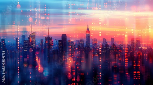 Abstract city skyline at dusk, with skyscrapers reflecting the warm glow of sunset