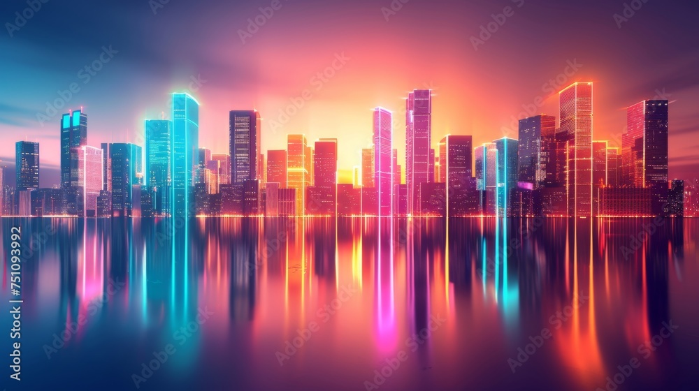 Futuristic cityscape with neon-lit skyscrapers reflecting on a glassy surface