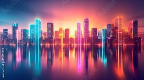 Futuristic cityscape with neon-lit skyscrapers reflecting on a glassy surface