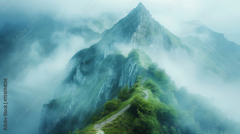 Majestic mountain range shrouded in mist, with a winding path leading to unknown adventures - obrazy, fototapety, plakaty 