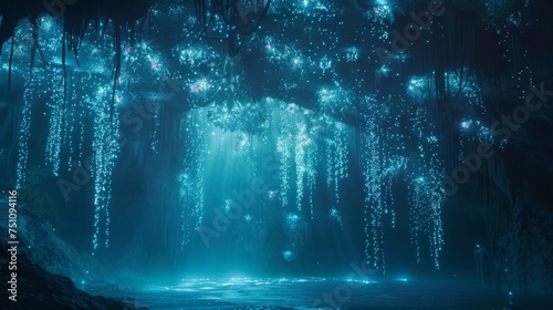 Magical underwater cavern adorned with bioluminescent flora photo