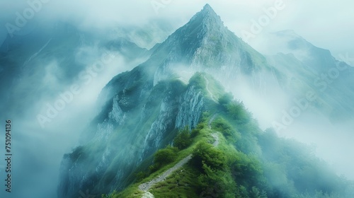 Majestic mountain range shrouded in mist  with a winding path leading to unknown adventures