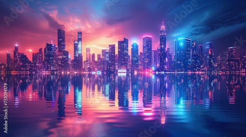 Reflecting on a glassy surface, neon-lit skyscrapers create a futuristic cityscape.