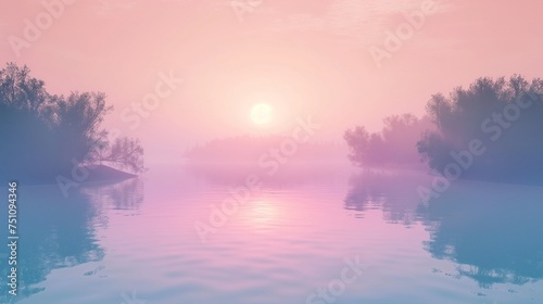 A serene landscape of a digital sunrise over a tranquil lake, captured in HD for a minimalist and colorful background mockup.