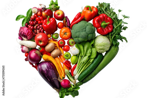 Heart-shaped view from top to bottom with various fruits and vegetables. transparent background photo