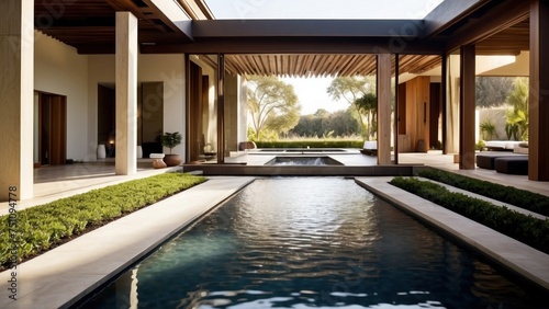 Integrate creative water features throughout the villa, such as reflecting pools, cascading waterfalls, or a contemporary fountain in the central courtyard © Damian Sobczyk