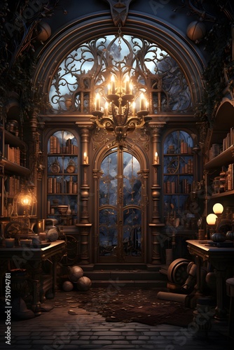 3d illustration of an old library in the style of the Gothic
