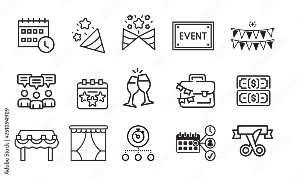 line icons related to event planning, organisation. Outline icon collection. Editable stroke. Vector illustration - obrazy, fototapety, plakaty 