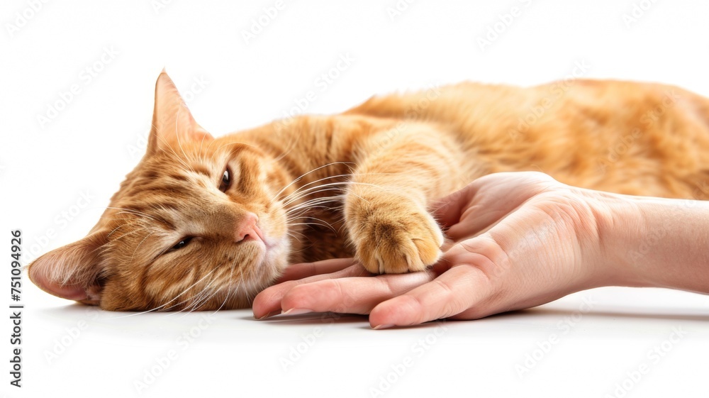A woman's hand gently strokes a cat, showing affection and care. A woman's hand gently strokes a cat, showing affection and care.
