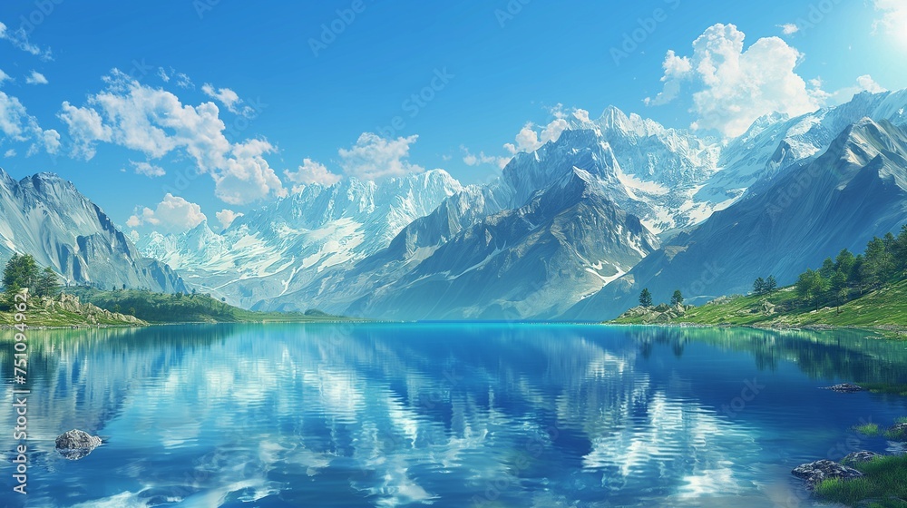 A serene mountain lake with crystal-clear water, reflecting the surrounding peaks and the endless blue sky.
