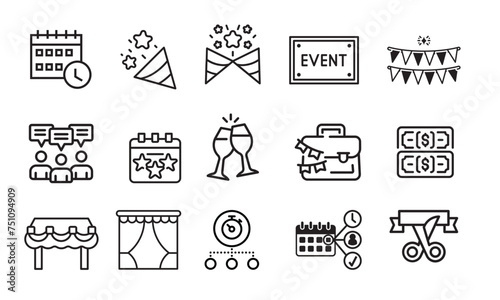 line icons related to event planning, organisation. Outline icon collection. Editable stroke. Vector illustration photo
