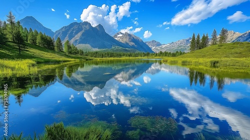 A serene mountain lake surrounded by untouched wilderness, reflecting the azure sky above. © Aasim,s