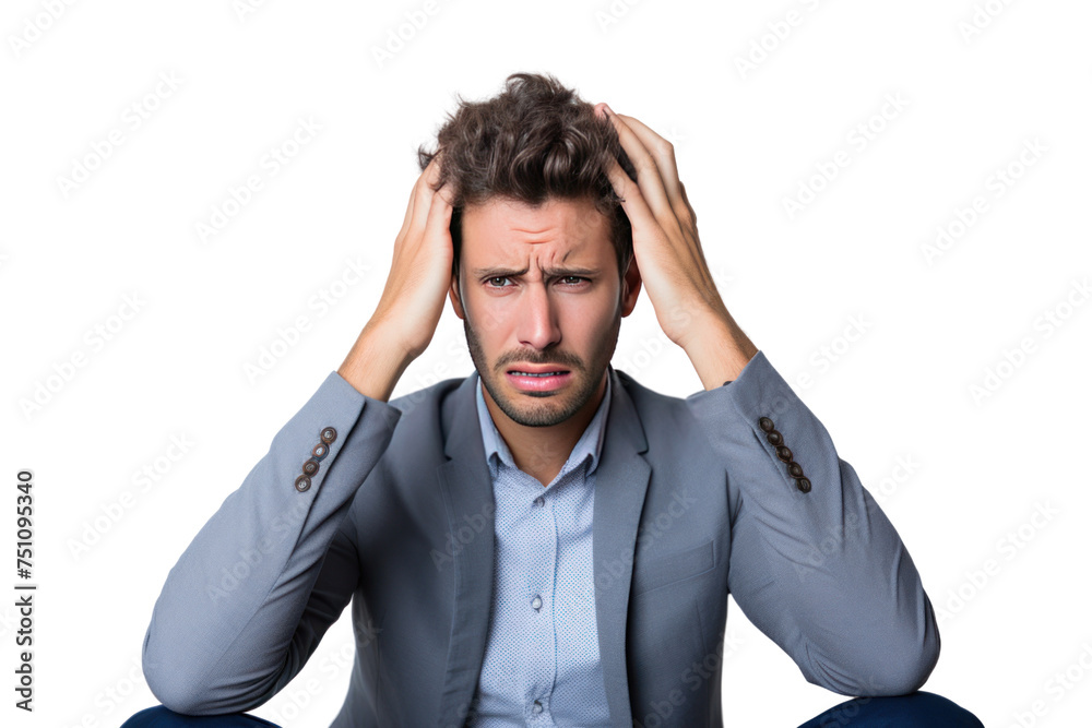 A young man feels stressed from work. Represents the emotions of stress and anxiety. Want to present content about stress stress management Mental state at work Isolated on transparent background. A young man feels stressed from work. Represents the emotions of stress and anxiety. Want to present content about stress stress management Mental state at work Isolated on transparent background.