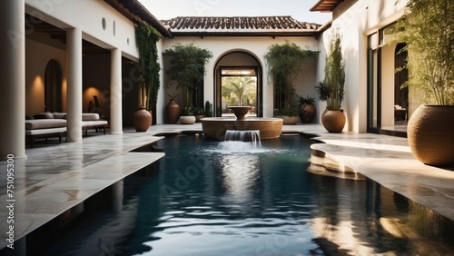 Integrate creative water features throughout the villa  such as reflecting pools  cascading waterfalls  or a contemporary fountain in the central courtyard