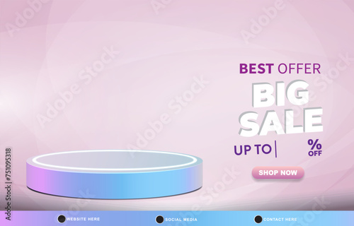 best offer big sale dscount template banner with blank space 3d podium for product sale with abstract gradient blue and purple background design