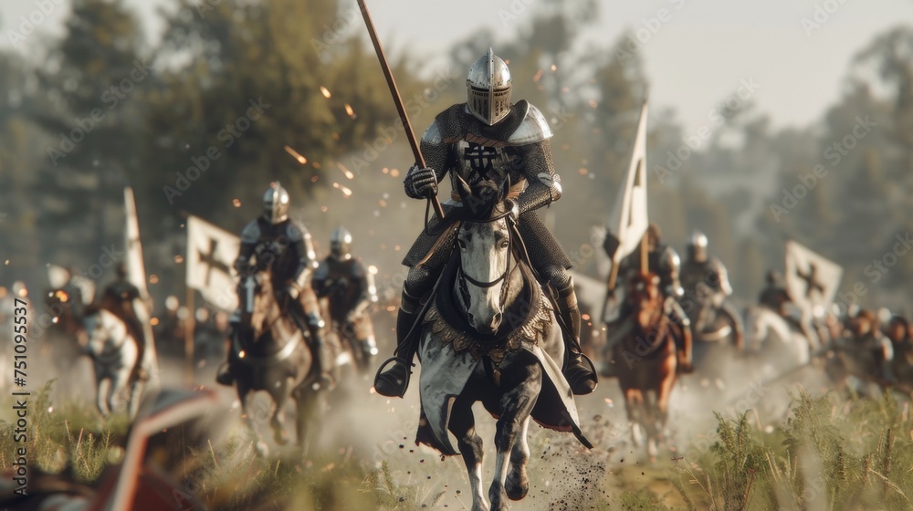 A Teutonic Knight on horseback charges through the battlefield his lance pointed towards the enemy. A Teutonic Knight on horseback charges through the battlefield his lance pointed towards the enemy.