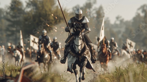 A Teutonic Knight on horseback charges through the battlefield his lance pointed towards the enemy.