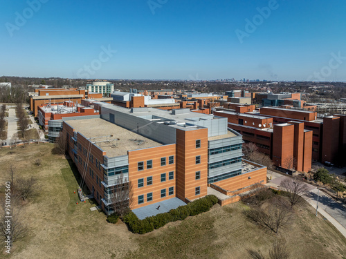 Aerial view of University of Maryland Baltimore County UMBC Catonsville admission office, pool, commons, quad, Honors college, admission office, retriever activities center, kuhn plaza, erickson field