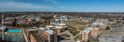 Aerial view of University of Maryland Baltimore County UMBC Catonsville admission office, pool, commons, quad, Honors college, admission office, retriever activities center, kuhn plaza, erickson field