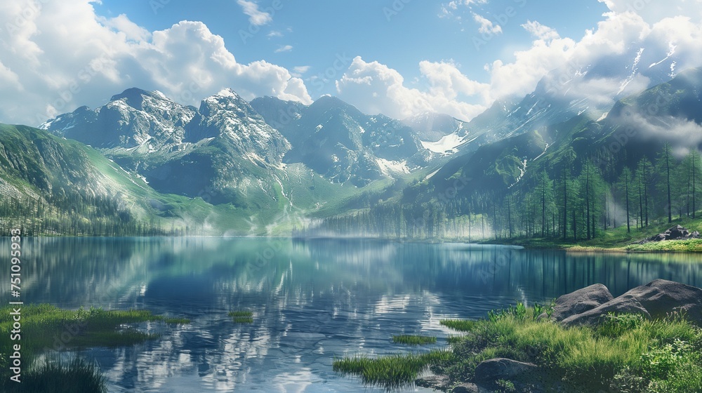 A serene mountain lake surrounded by untouched wilderness, reflecting the azure sky above.