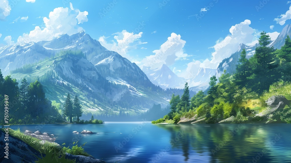 A serene mountain lake surrounded by untouched wilderness, reflecting the azure sky above.