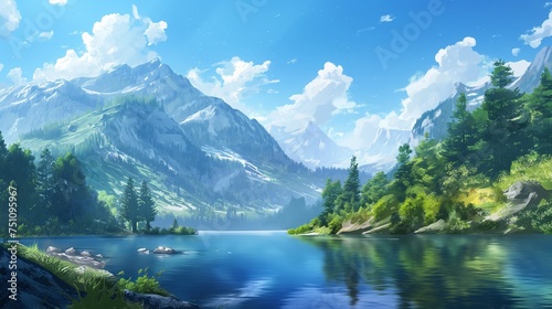 A serene mountain lake surrounded by untouched wilderness, reflecting the azure sky above.