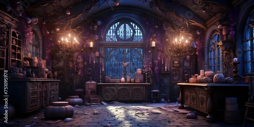 Mysterious gothic halloween interior. 3D rendering