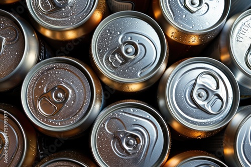 Bulk aluminum cans, soda can background view from above