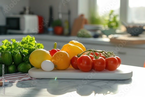 Vegetables, fruits and eggs on kitchen table, healthy food For health lovers