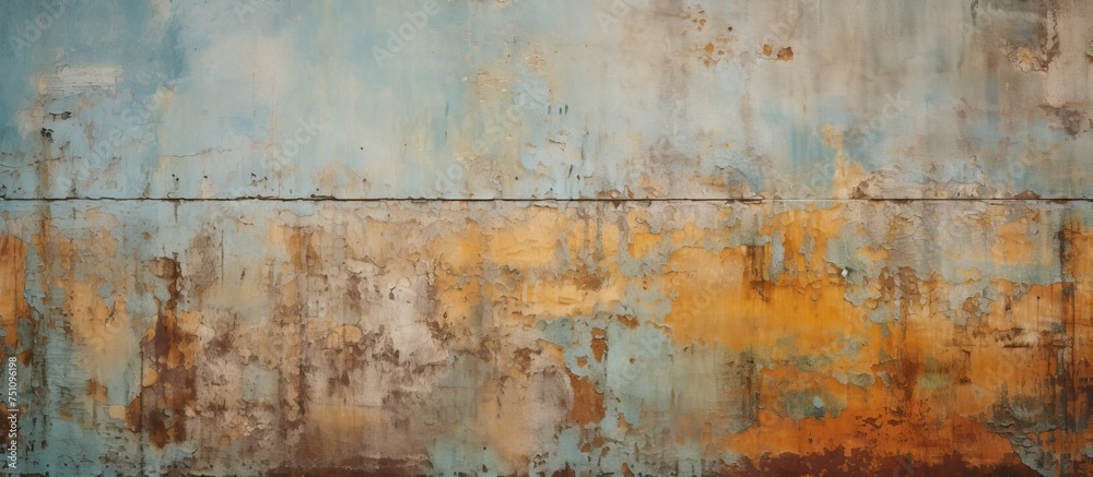 A weathered metal wall displaying a blend of fading yellow and blue paint, juxtaposed against the rusty surface, creating a unique and industrial aesthetic.