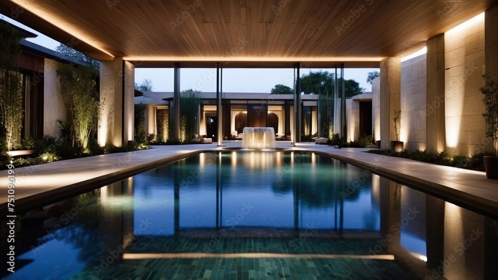 Integrate creative water features throughout the villa, such as reflecting pools, cascading waterfalls, or a contemporary fountain in the central courtyard