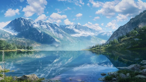 A serene mountain lake surrounded by untouched wilderness, reflecting the azure sky above.