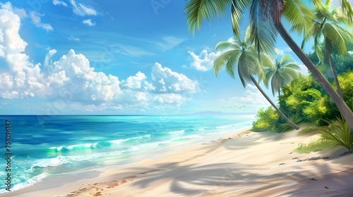 This image features a beautiful tropical beach and ocean scene available as a high definition wallpaper The painting is done in the style of digital airbrushing and speedpainting providing a detailed  photo