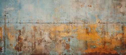 A weathered metal wall displaying a blend of fading yellow and blue paint, juxtaposed against the rusty surface, creating a unique and industrial aesthetic.