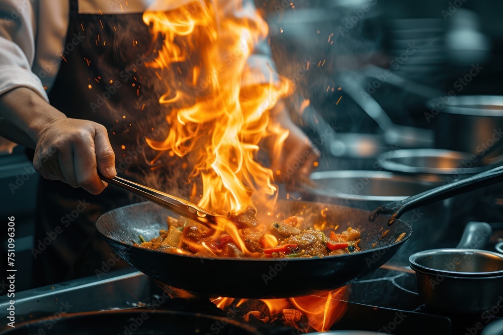 Professional chef hands cook food with fire in kitchen