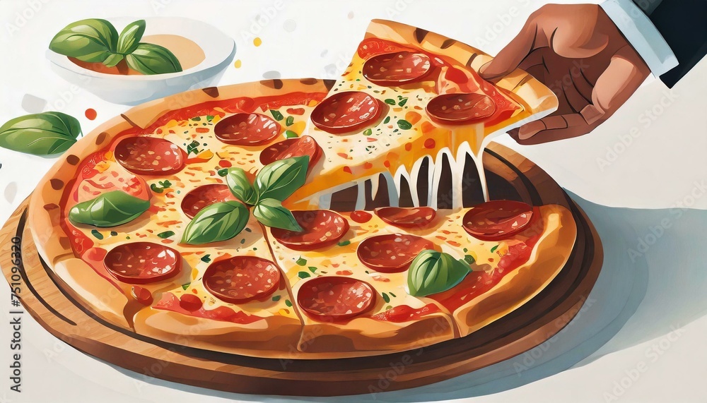 Illustration of a person picking up a slice of pepperoni pizza.
