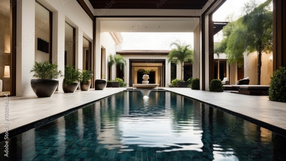 Integrate creative water features throughout the villa, such as reflecting pools, cascading waterfalls, or a contemporary fountain in the central courtyard