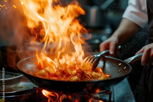 Professional chef hands cook food with fire in kitchen