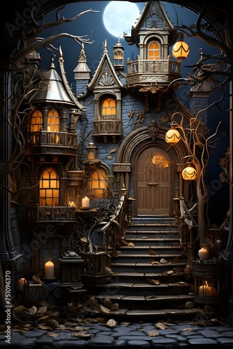 Halloween scene with haunted house and full moon. Halloween background.
