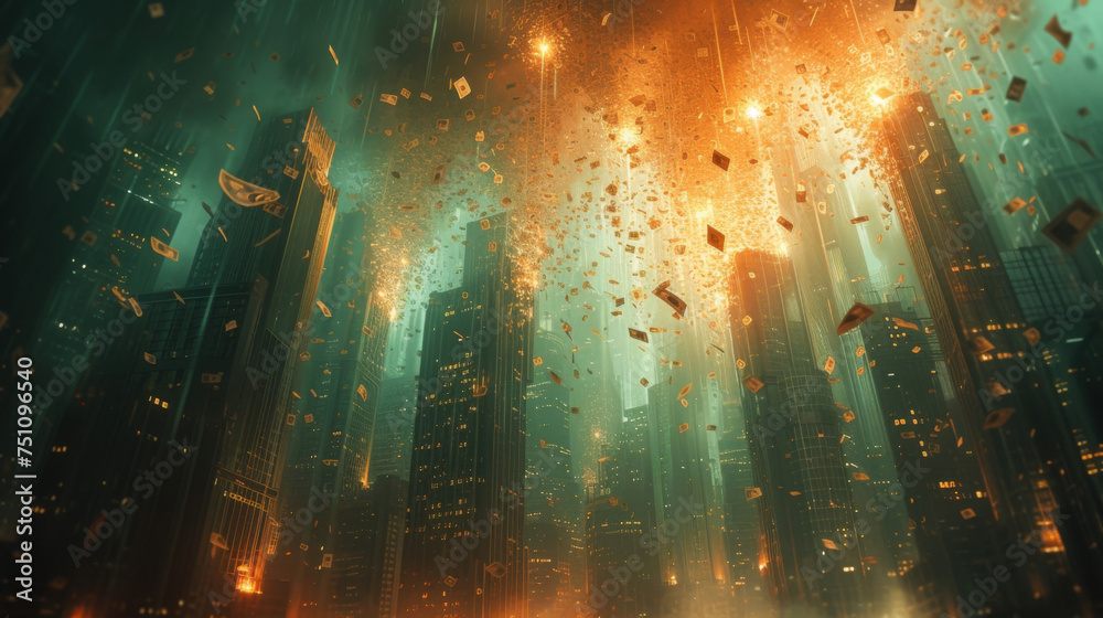 Money Rain A futuristic cityscape is shown with bundles of money raining down onto buildings representing the flow of venture capital funding into various industries. The