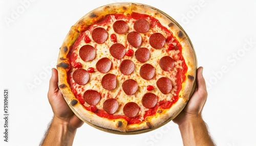 Top view illustration of a pizza chef holding a pepperoni pizza on white background 