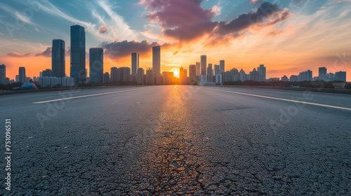 Empty asphalt road and modern city skyline with buildings view at sunset #751096531