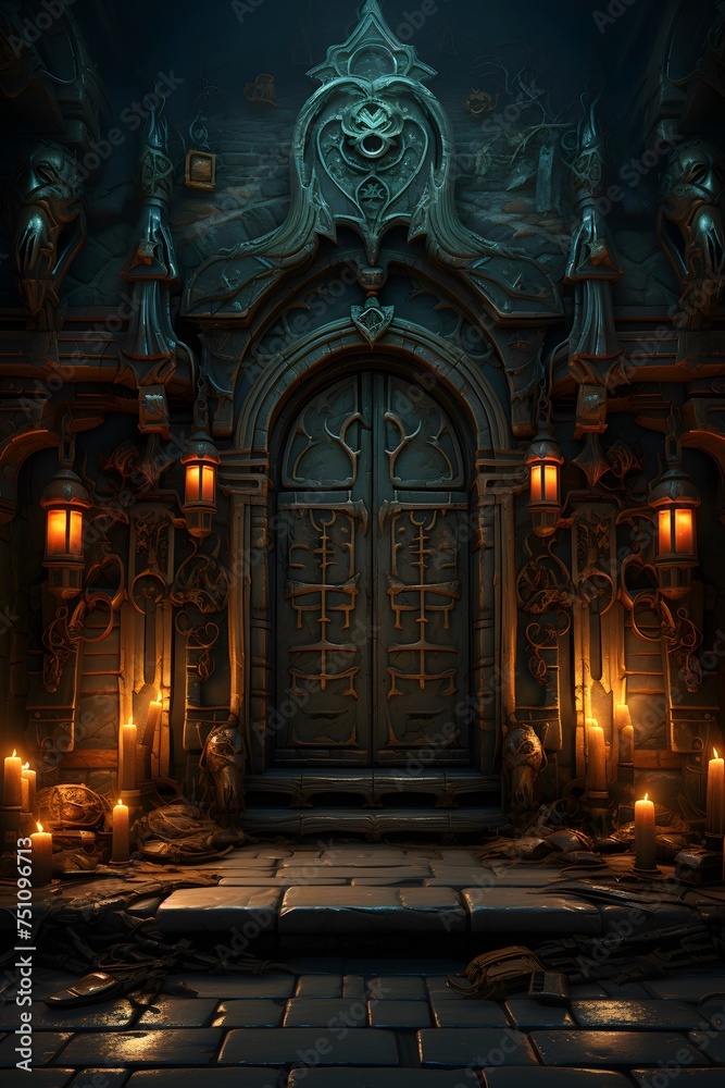 3D rendering of a fantasy halloween scene with a door