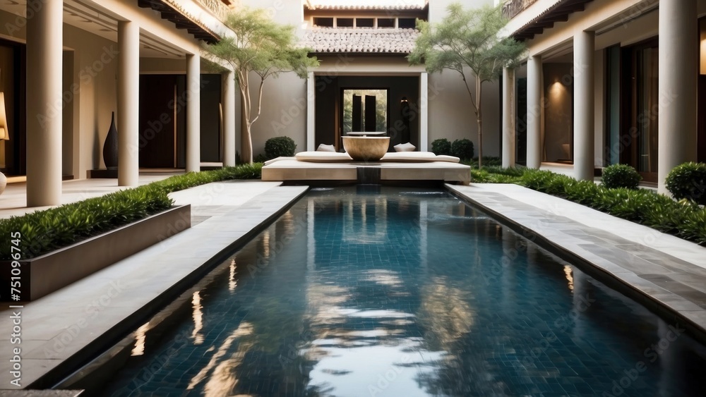 Fototapeta premium Integrate creative water features throughout the villa, such as reflecting pools, cascading waterfalls, or a contemporary fountain in the central courtyard