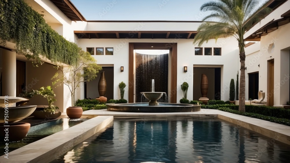 Fototapeta premium Integrate creative water features throughout the villa, such as reflecting pools, cascading waterfalls, or a contemporary fountain in the central courtyard